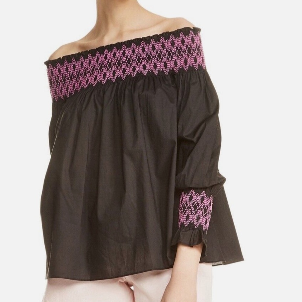 MAJe LaFour Embroidered Top Sz 1 Small Smocked Peasant Blouse Off Off-Shoulder